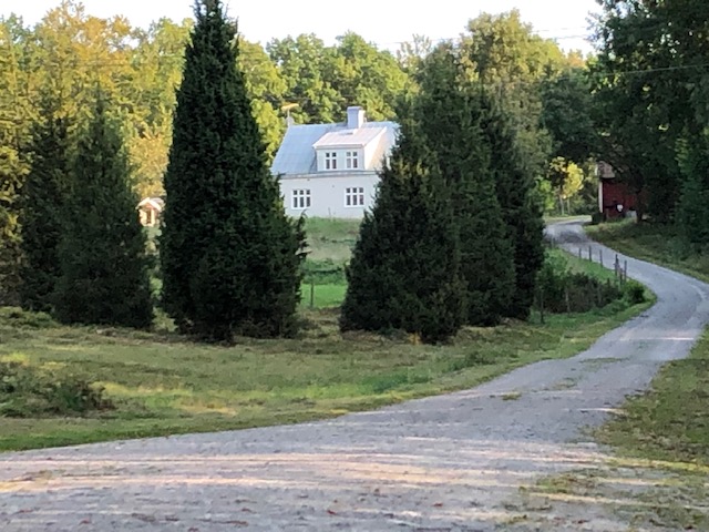 Vit villa omgiven av grönska med en slingrande grusväg, träd och öppna fält i lantlig miljö.