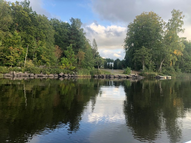 Lugn sjö med spegelblankt vatten, träd och grönska längs strandkanten i mjukt kvällsljus.