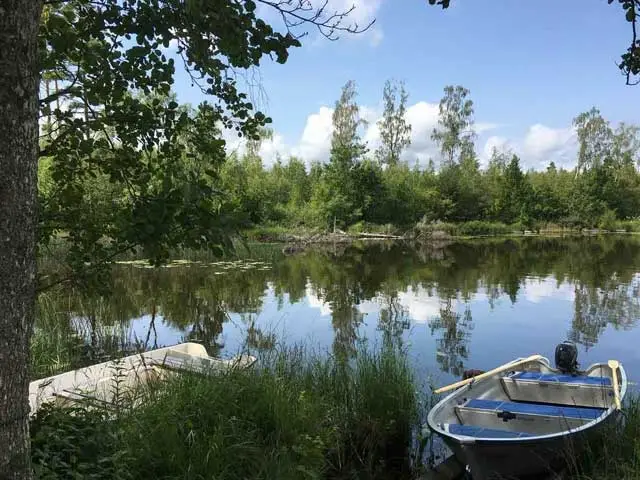 Liten roddbåt vid spegelblank sjö omgiven av grönskande skog, lugn naturmiljö vid Åsnen i Småland.