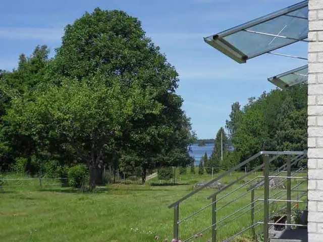 Grön trädgård med fruktträd och andra lövträd, gräsmatta och trappa med räcke, med glimt av sjön i bakgrunden nära Åsnens Nationalpark i Småland.